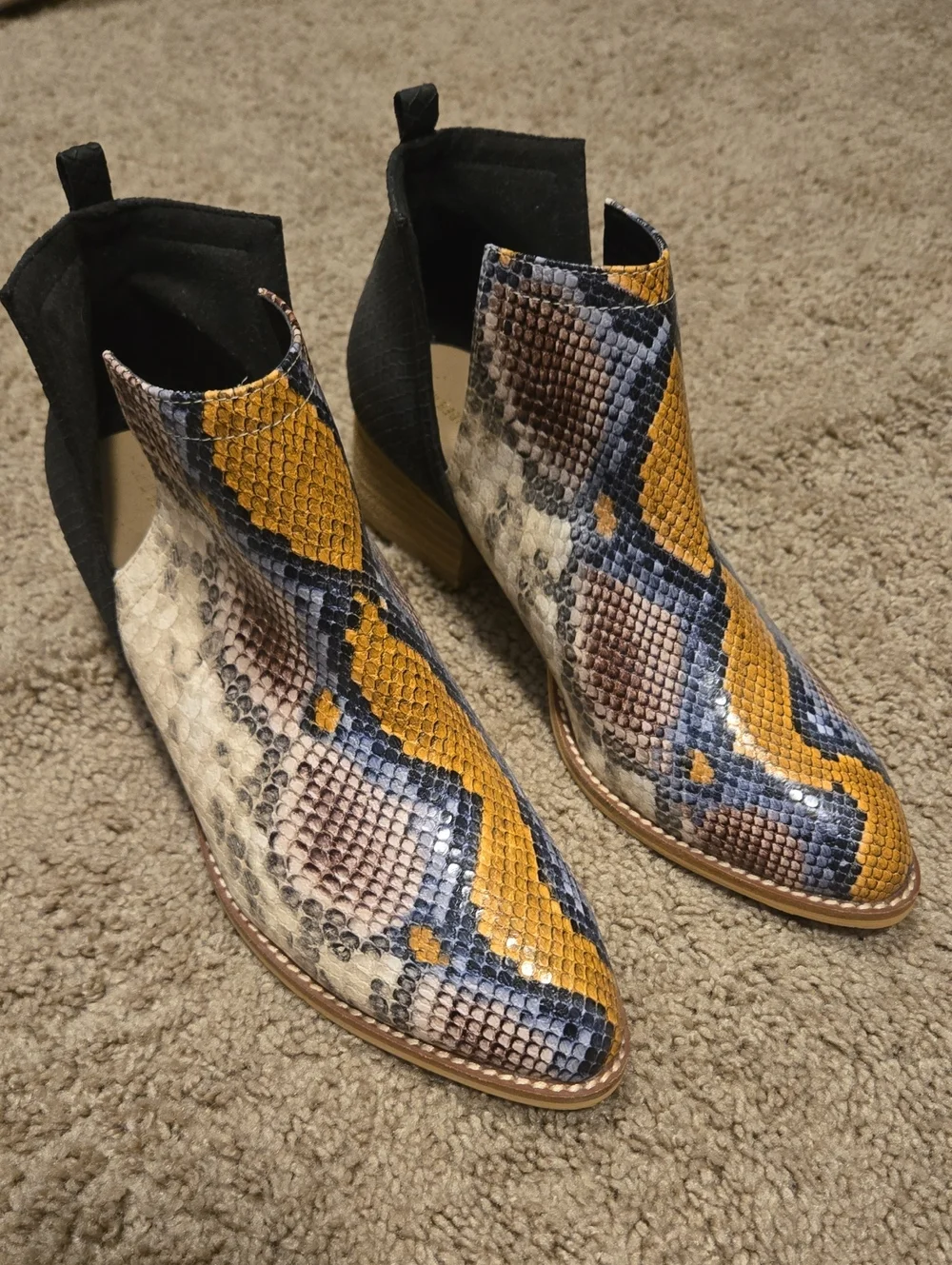 Snake-Print Pointed Toe Ankle Boots in Mustard, Blue & Cream